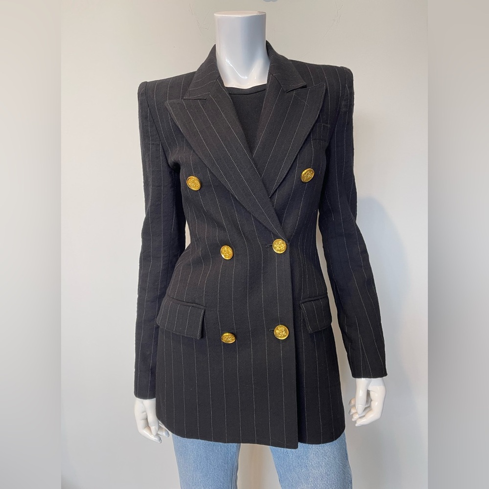 SMYTHE Pinstripe Double Breasted Blazer in Black